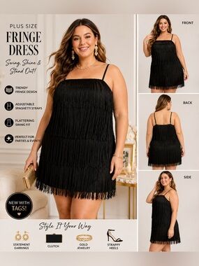 A New Day Women’s 2X Black Tiered Fringe Mini Dress Party Cocktail NWT